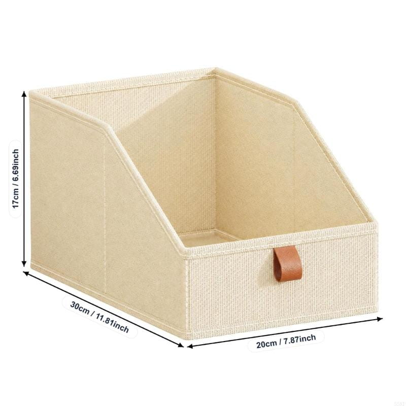 Beige woven fabric storage bin with a brown leather pull tab designed for closet shelves included in a six pack fabric closet storage baskets package.