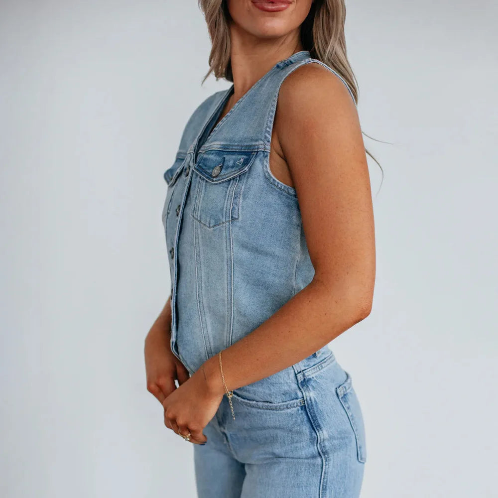 Women's Casual Denim Vest Chic Light Wash Sleeveless Button Front Crop Waistcoat Streetwear