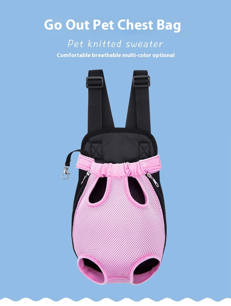 mochila transportadora para perro tejida en color rosa con correas negras y cierre con cordón, diseñada como transportín para mascotas para perros pequeños, con bolsa de malla frontal para viajes