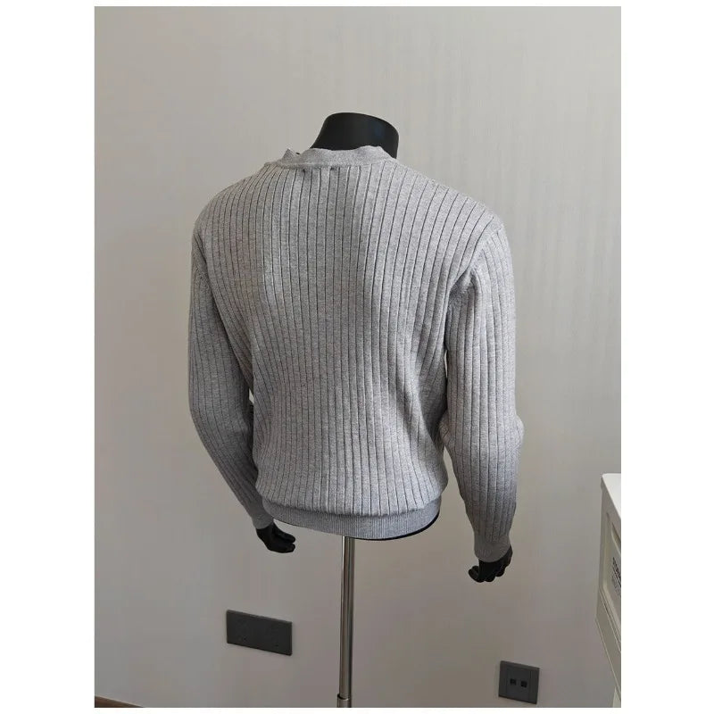 Men's Loose Textured Knit Sweater Spring Autumn American Style Casual Solid Color Inner Top