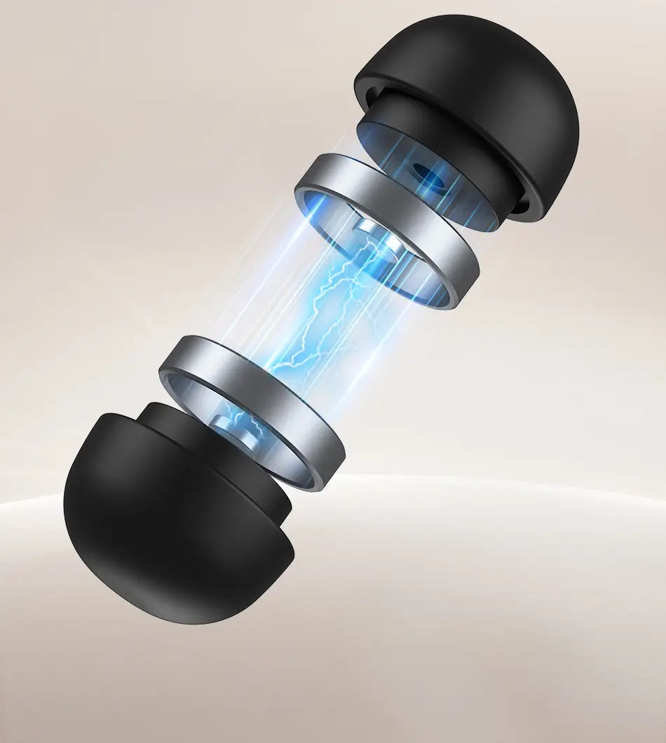 rocoren magnetic laptop stand and cooling holder featuring a black and silver earbud with a sleek segmented design and glowing blue internal components.