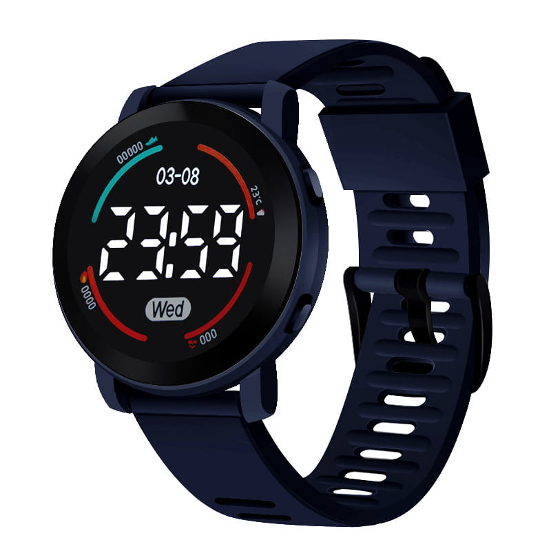 Navy blue silicone girls digital sports watch with waterproof LED wristwatch design showing time date and temperature on a digital display.