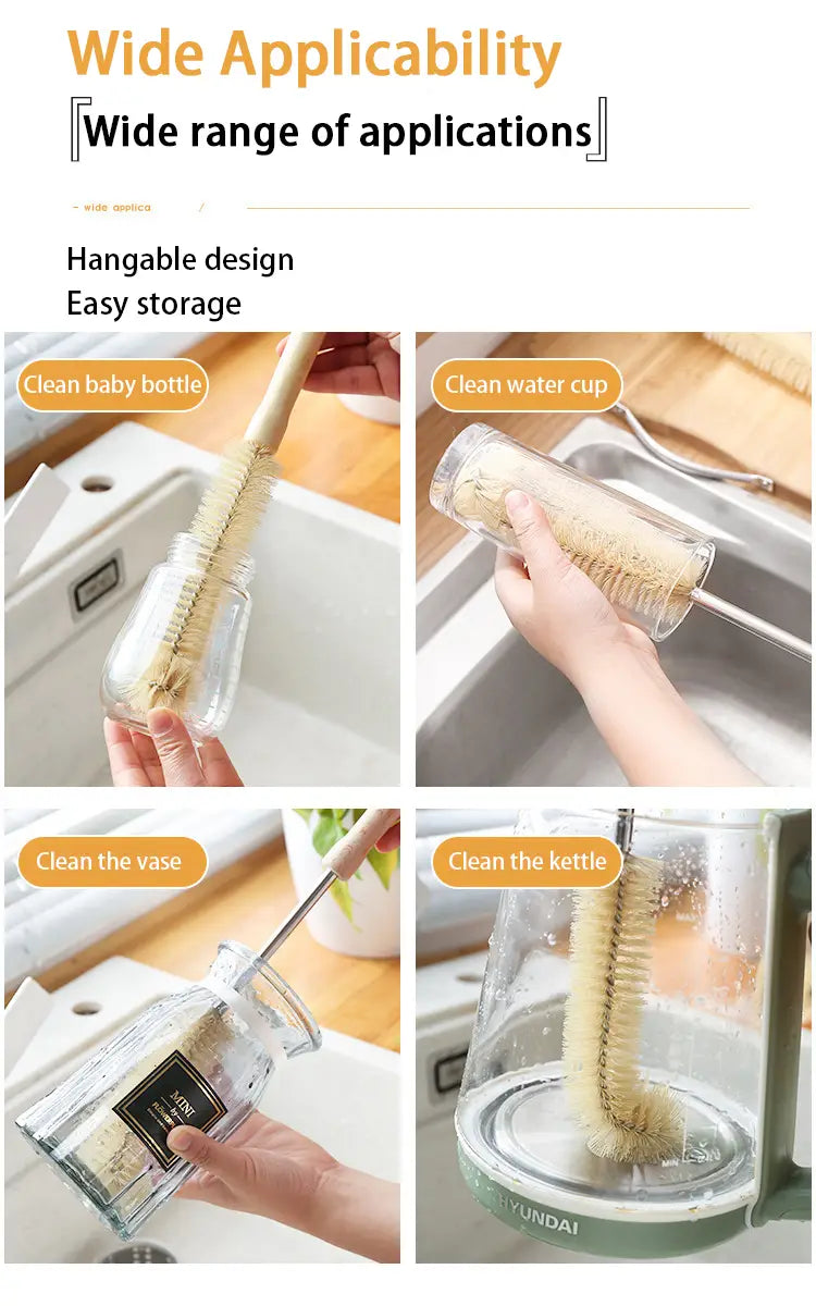 Une brosse à bouteille en bois à long manche avec un manche en bois de couleur claire et des soies denses et souples, conçue pour le nettoyage approfondi de la verrerie.