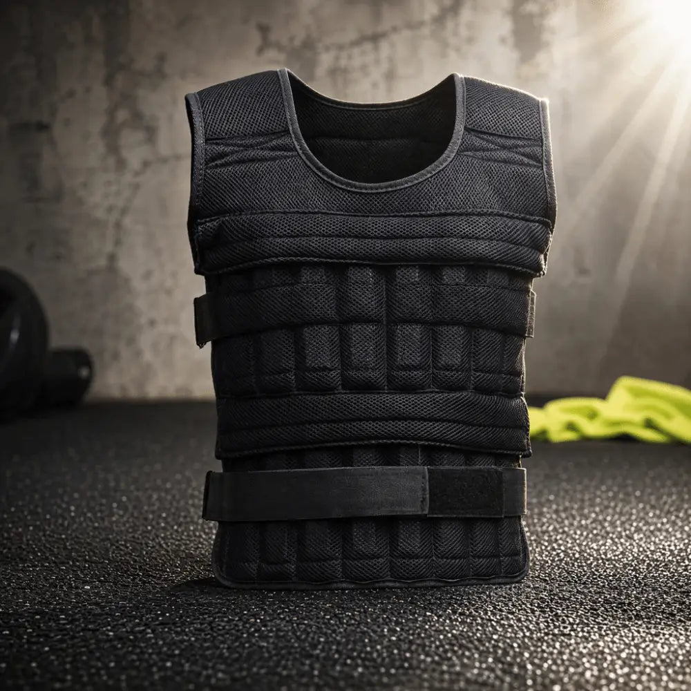 black adjustable weight vest featuring sandwich mesh fabric, weight blocks, padded sections, and straps designed for fitness training