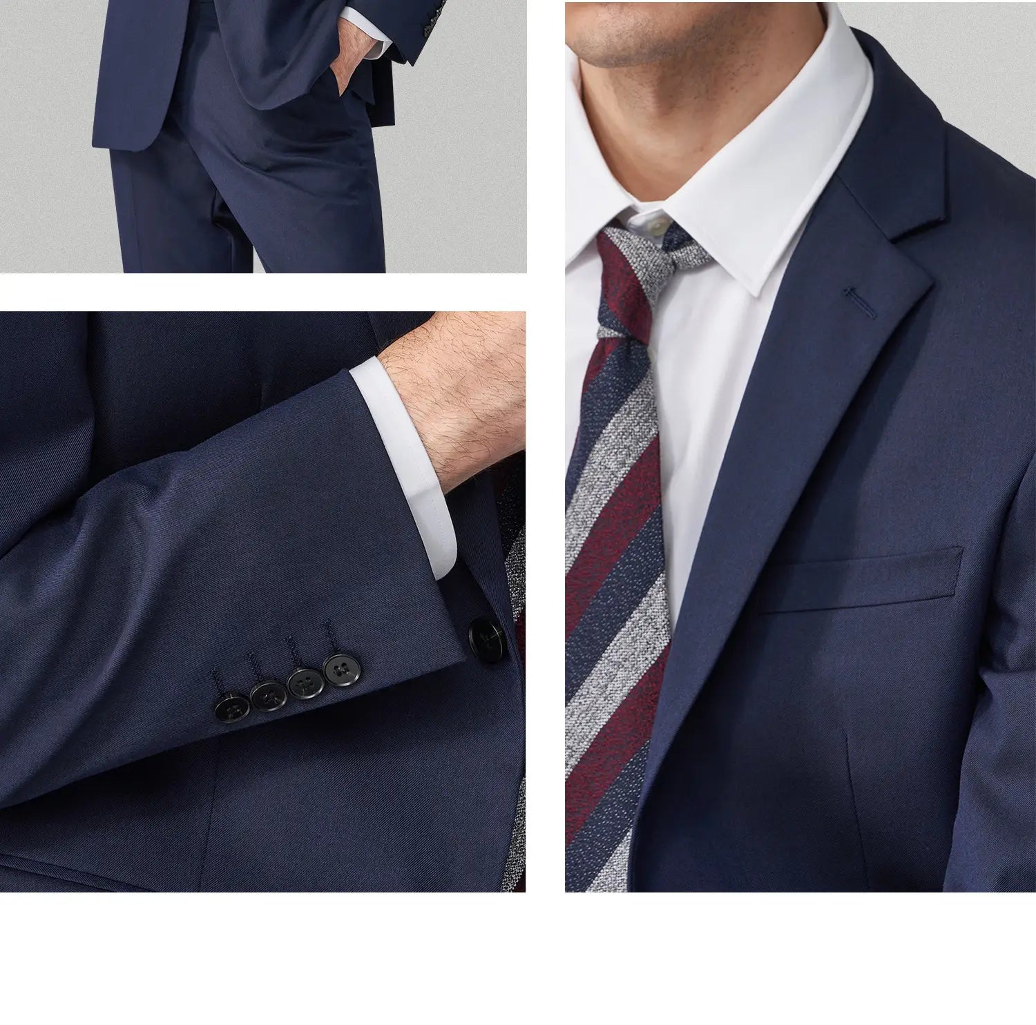 Veste bleu marine pour homme en coupe slim, tissage texturé discret et quatre boutons noirs sur le poignet, avec type de fermeture boutonnée simple pour une tenue formelle et professionnelle décontractée.
