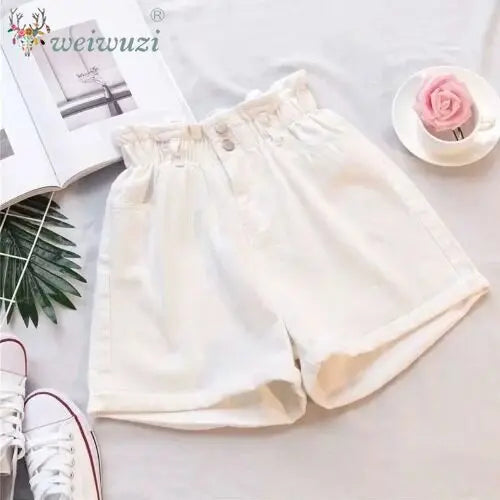 Women Casual High Waist Denim Shorts Elastic Waist Comfortable Wide Leg Rolled Hem Jean Shorts Girls Summer Vacation Streetwear