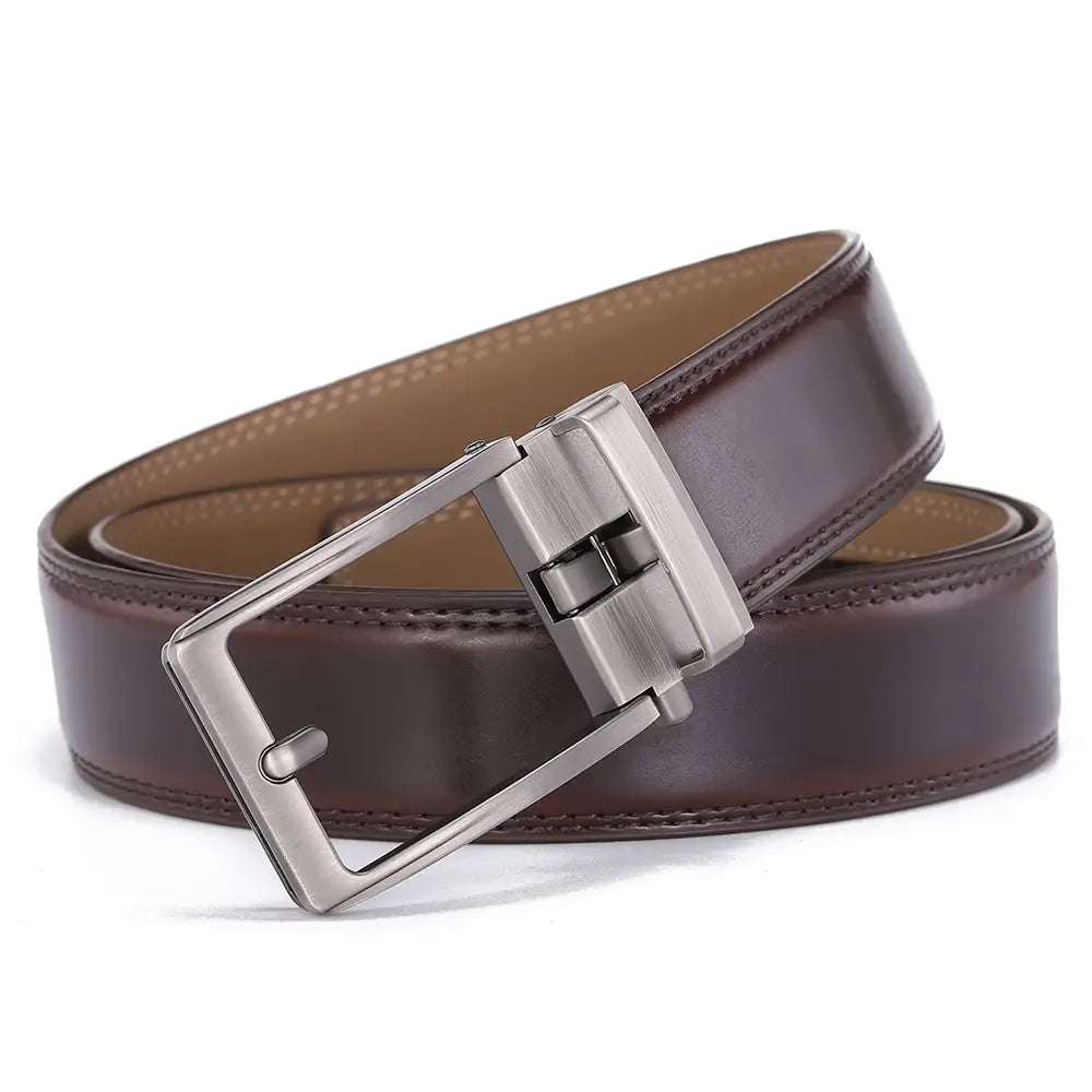 brown leather mens belt with a silver-toned automatic buckle designed for easy adjustment and durability