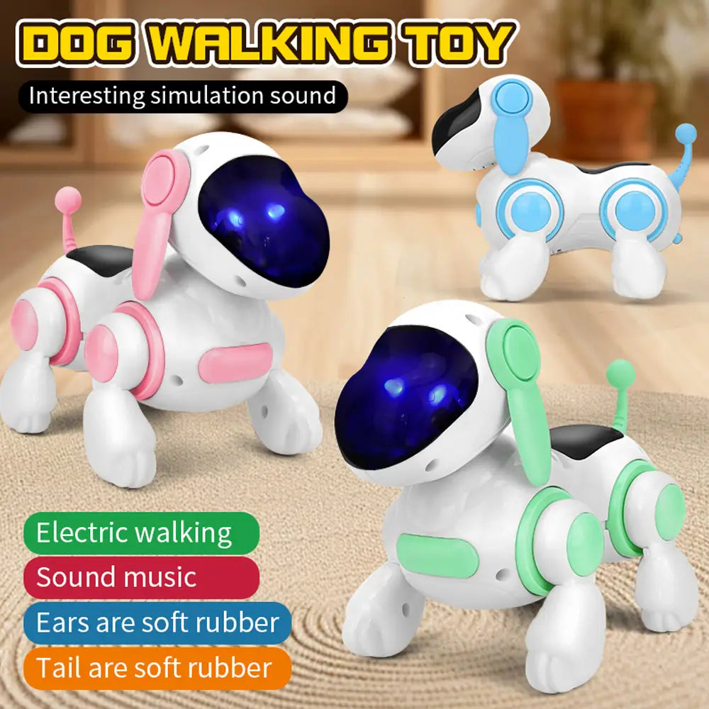 interactive robotic dog toy electronic pet featuring white robotic dogs with glowing blue eyes, colorful pink and green accents, and soft rubber ears and tails.
