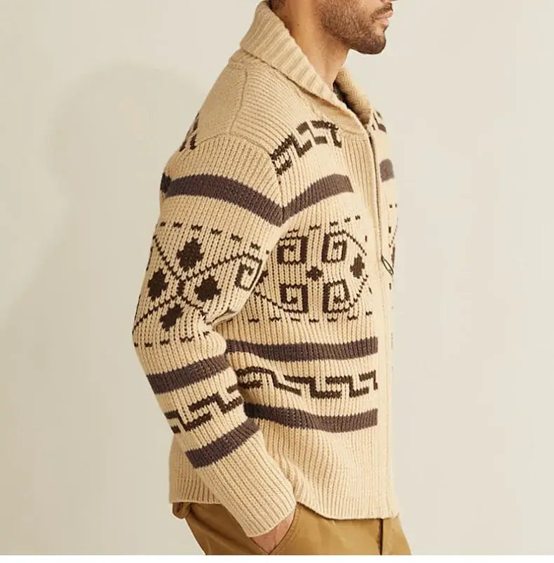Pull-over cardigan vintage à fermeture éclair géométrique pour homme en maille à motifs beige et marron avec col châle.
