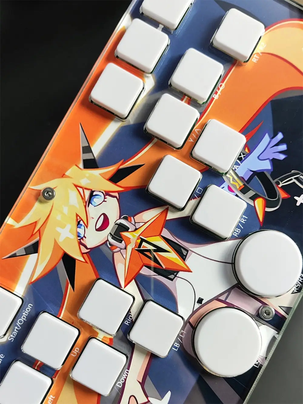 A vibrant orange and blue djmax mechanical gaming keyboard with left joystick support featuring white square keys, circular joysticks, and an anime character design highlighting joystick moves and data cable connectivity.