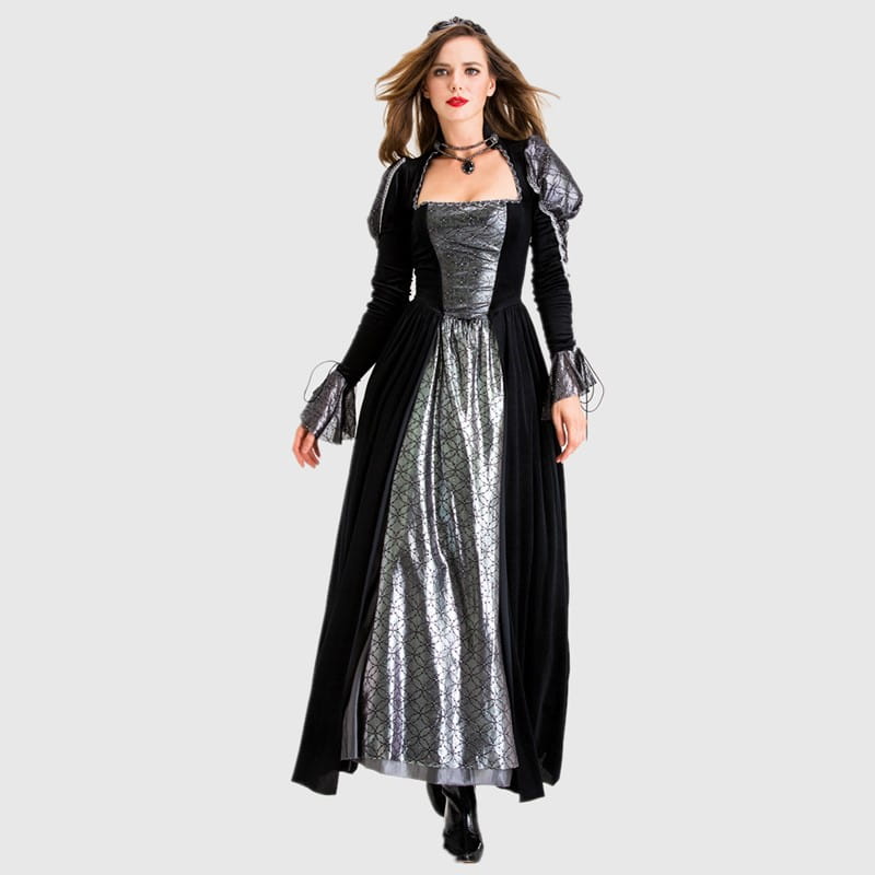 Elegant black and silver gothic vampire queen costume featuring a medieval-inspired velvet bodice, metallic patterned skirt, and puffed sleeves.