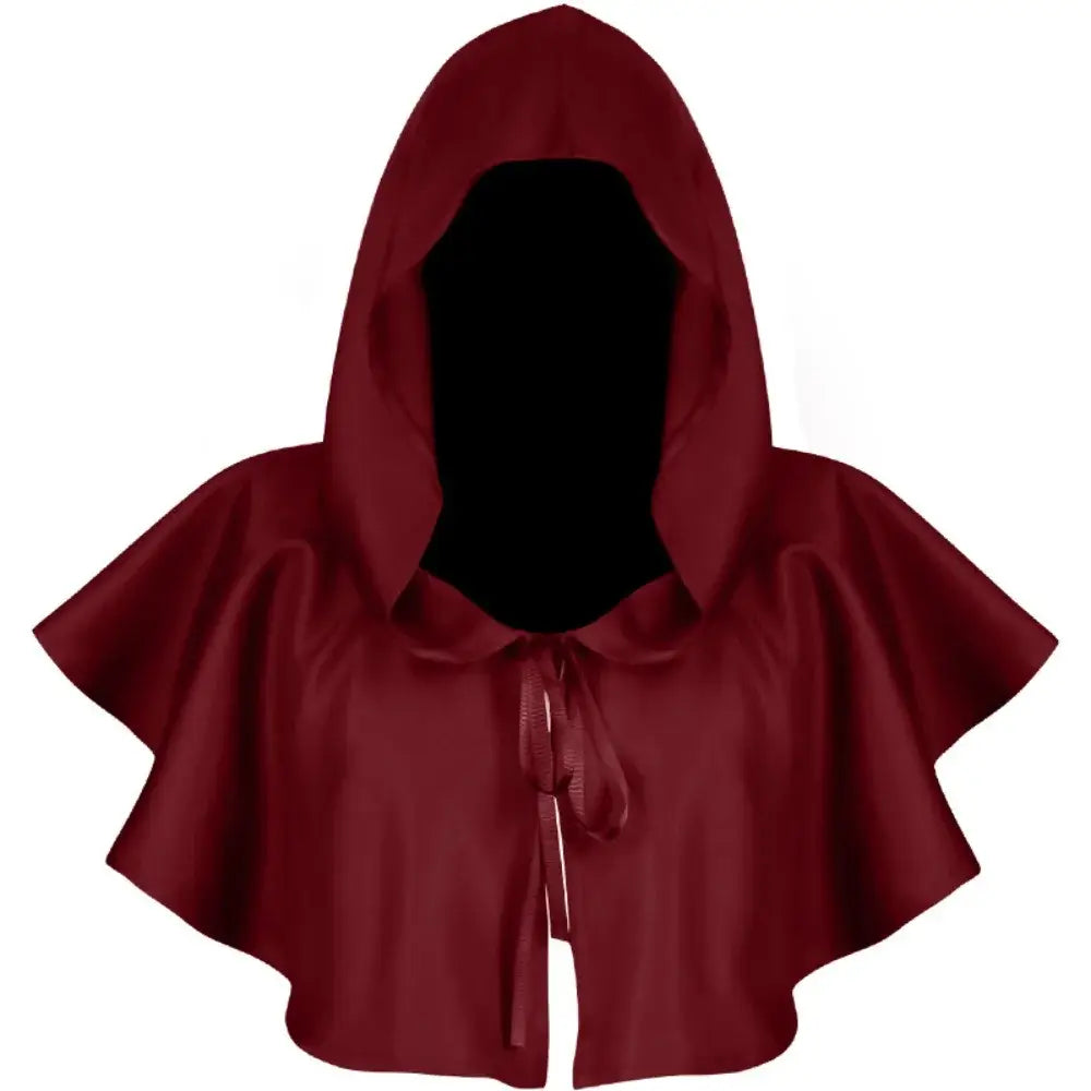 Ein edles bordeauxrotes Satin-Kapuzen-Mittelalter-Todesschleier-Kostüm mit einer vorne gebundenen Schleife.