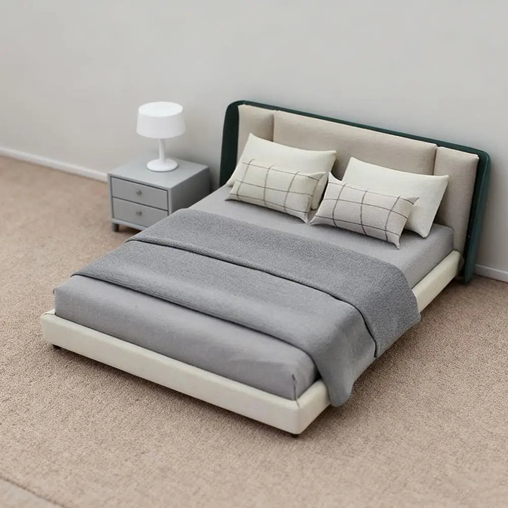 Bedroom Miniature Double Bed And Beddings New Cream Style Miniature Furniture Realistic Modern Interior Design Room Scene