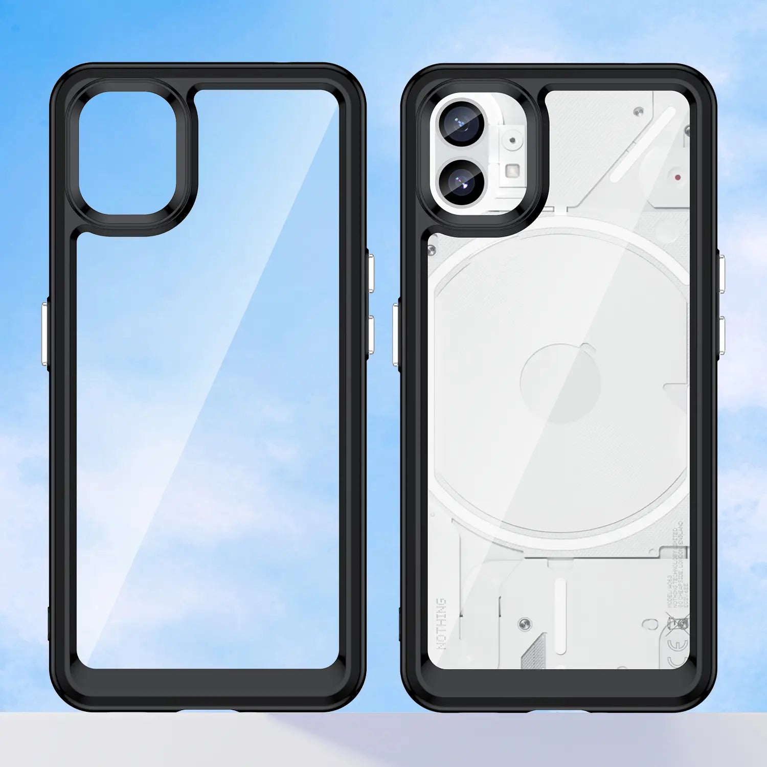 arrière d’une coque de téléphone transparente à cadre noir avec panneau arrière transparent et découpe double appareil photo, conçue pour les modèles iPhone 13 dans un étui transparent rose pour Nothing Phone 1.