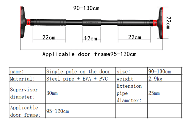 Barre de traction pour porte ajustable pour le fitness à domicile, noire et rouge, en tuyau d’acier avec des composants en EVA et en PVC.