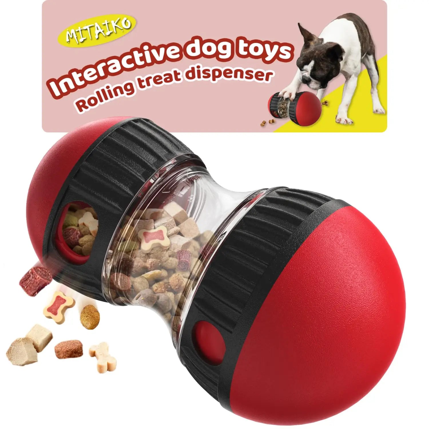juguete para rompecabezas canino mitaiko y dispensador de alimento color rojo y negro, con una sección central transparente llena de premios de comida para el perro para un juego interactivo.