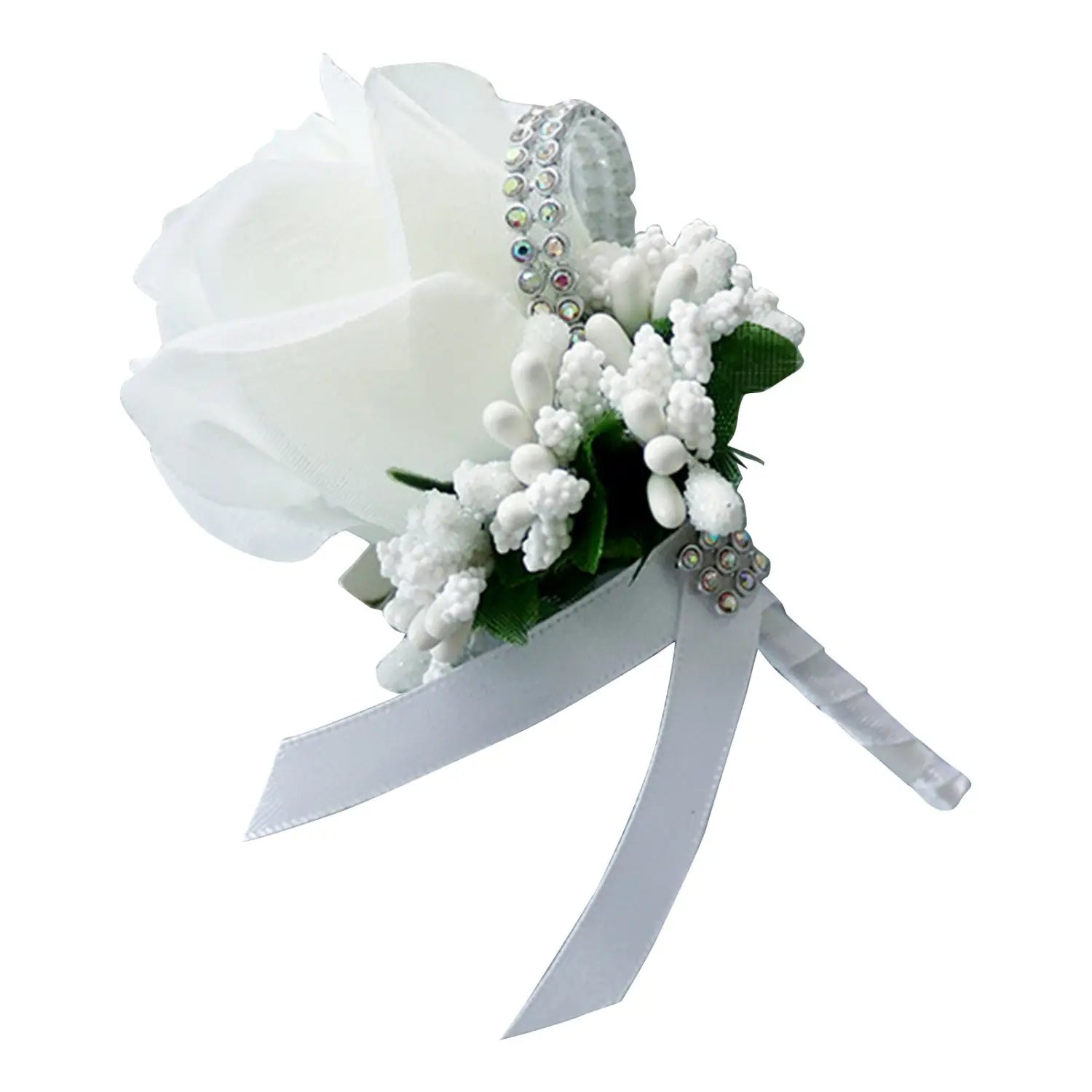 Elegant white floral boutonniere with satin ribbon and rhinestone accents for blue wedding featuring artificial silk rose corsage.