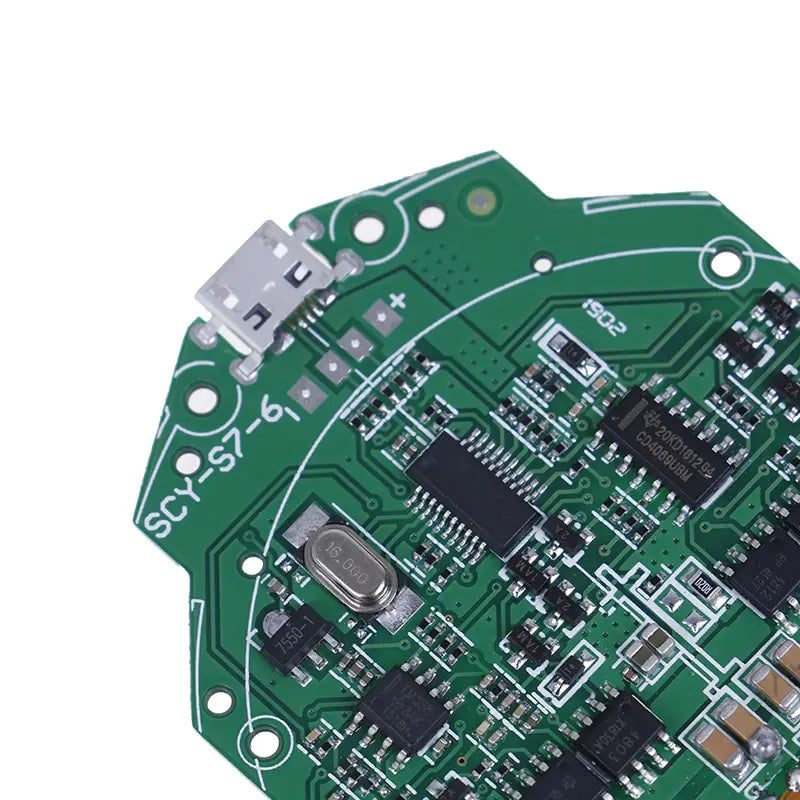 The picture shows a green wireless pcba with a silver usb port and various black electronic components designed for a 15w fast charging transmitter module supporting 1-2a current.