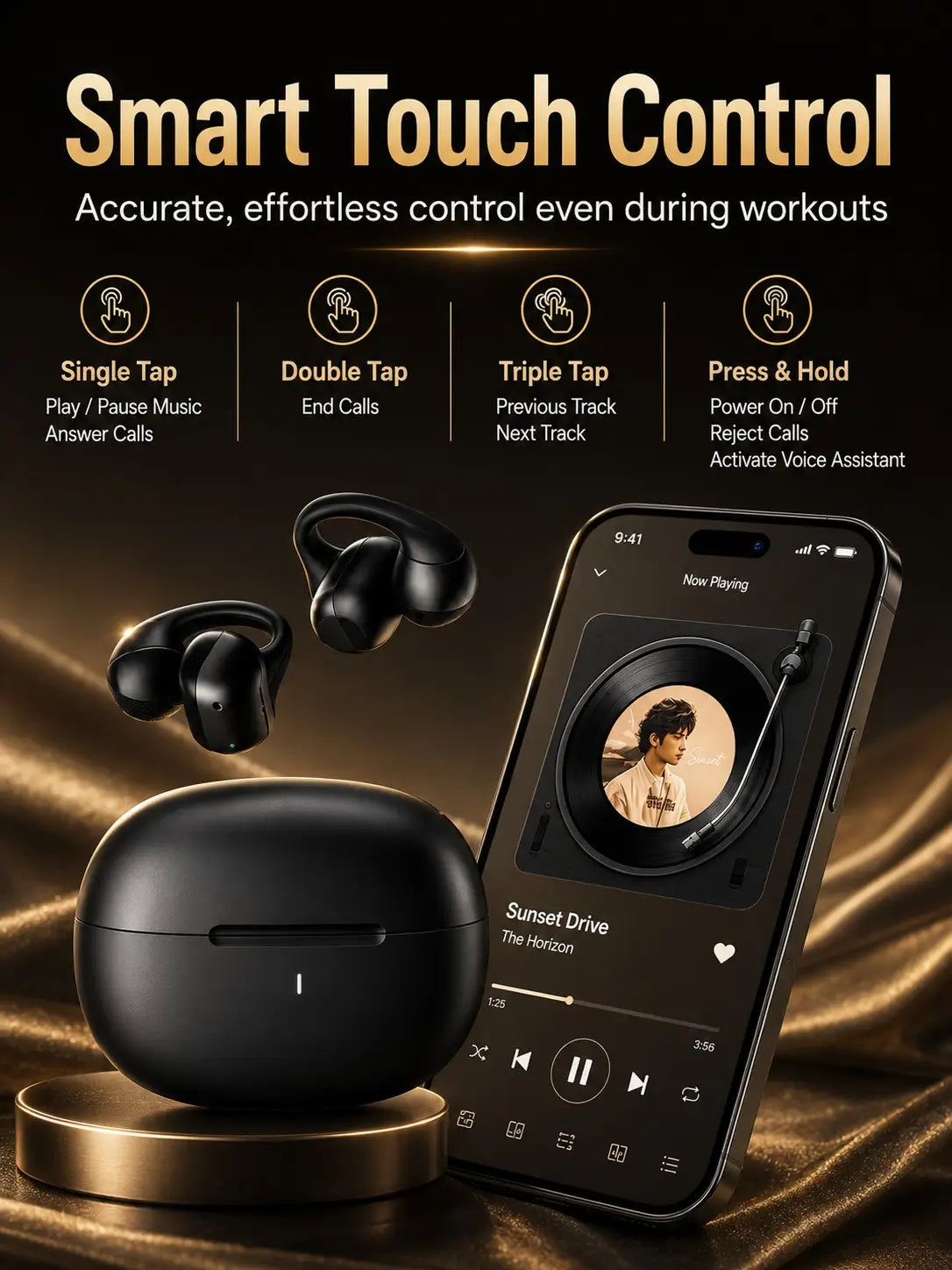 écouteurs Bluetooth à clip sur l’oreille ouverte noirs, avec contrôle tactile et finition brillante élégante, accompagnés d’un étui de charge assorti
