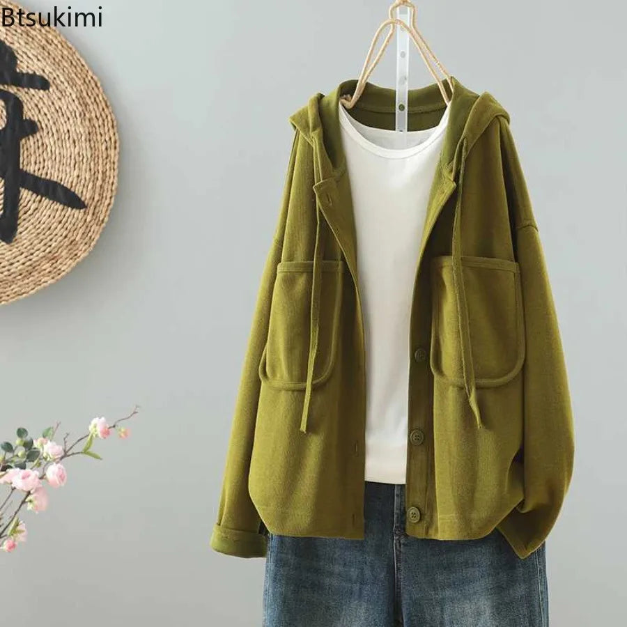 New Women's Casual Loose Hoodies Solid Color Cotton Simple Coats Spring Autumn Double Pockets Hooded Jackets Women Sweatshirts