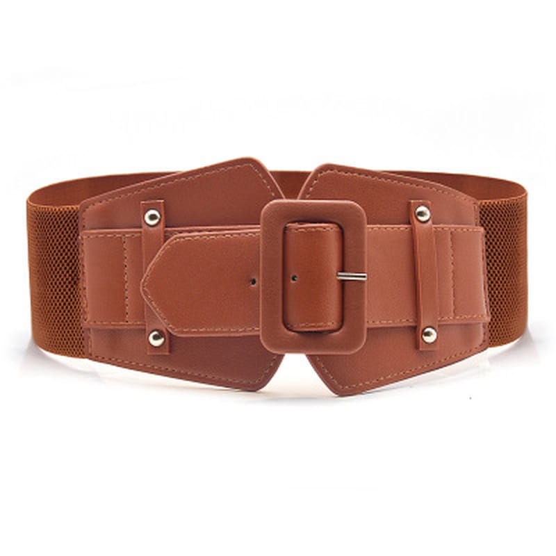 Ceinture de robe élastique large marron pour femme, avec boucle rectangulaire et côtés en maille, pour une ceinture de mode rouge.