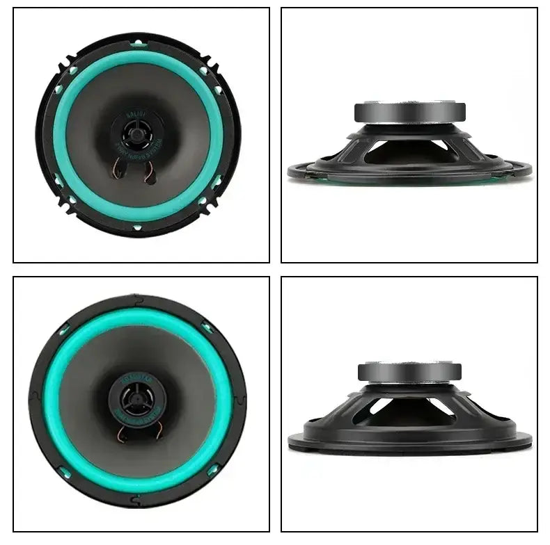 Roadstar-Koaxialautolautsprecher zeichnen sich durch ein schwarzes und türkisfarbenes kreisförmiges Design für die Verwendung in Universal Audio Stereo aus.