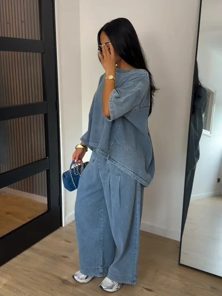 Casual Denim Blouse Trousers Suit Women Blue Half Sleeve O-Neck Top Pleated Tops Wide Leg Pants Set Female Autumn Chic Lady Sets