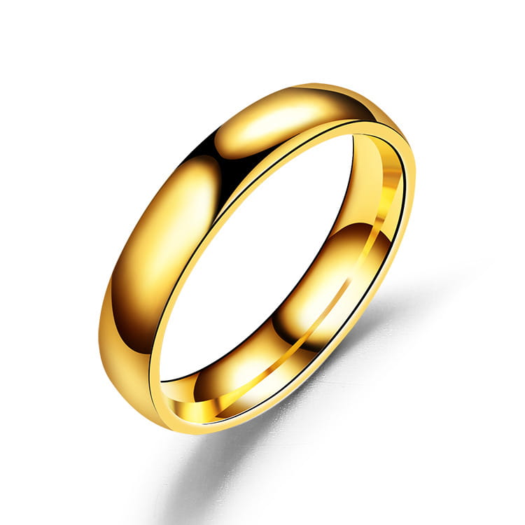A sleek stainless steel wedding band with a polished rose gold finish featuring a smooth rounded profile and subtle inner bevel.
