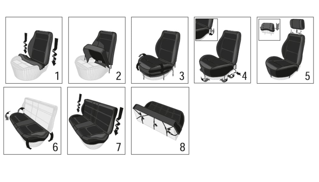 Juego completo de fundas universales para asiento de automóvil negro y color canela; con fundas para asientos automotrices negras, superficie texturizada y costuras reforzadas a lo largo de los bordes.