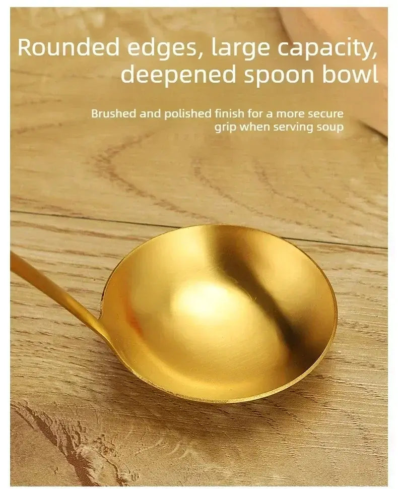 gold kitchen utensil set stainless steel cooking tools featuring a golden soup ladle with rounded edges and a deepened bowl with a brushed and polished finish