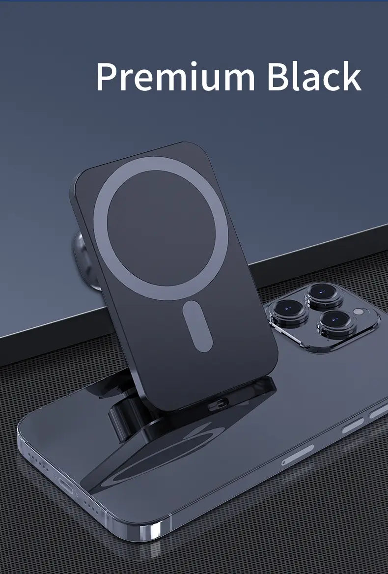 Premium black magnetic car wireless charger for iPhone with sleek minimalist design and circular charging symbol on the surface.