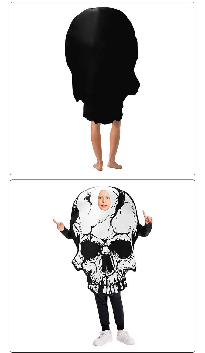 black and white skull costume party cosplay outfit featuring a cracked design with a face opening.