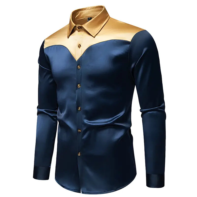 Herrenhemd mit goldfarbenem Besatz aus Satin mit elegantem navyblauem und goldfarbenem Satin-Knopfhemd-Design, mit kontrastierenden Color-Block-Akzenten.