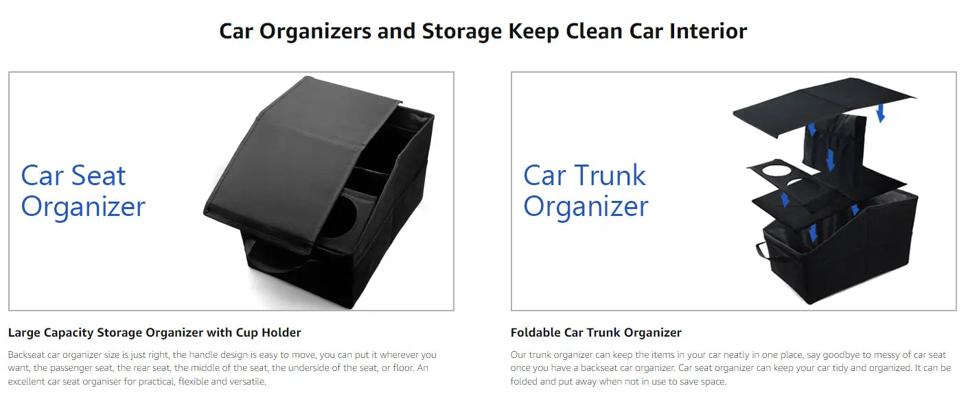 Bolsa organizadora plegable para el maletero del coche, de plástico negro, con portavasos y asa, diseñada para el almacenamiento y la organización del vehículo