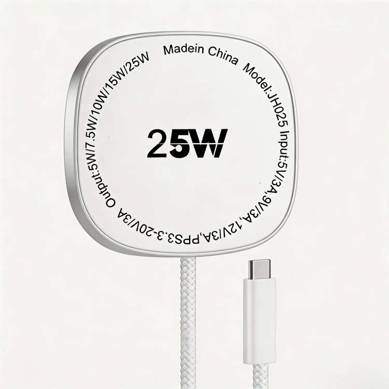 Almohadilla de carga inalámbrica magnética Timess de 25 W en color blanco con un borde metálico plateado y cable trenzado.