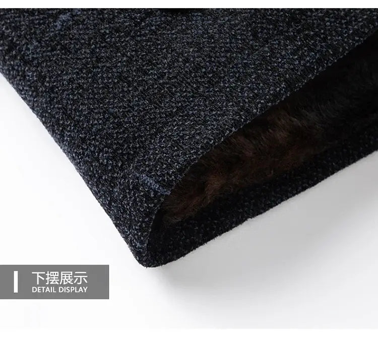Men wool blend winter trench coat in dark gray featuring textured wool fabric and plush brown fur lining for cold weather.