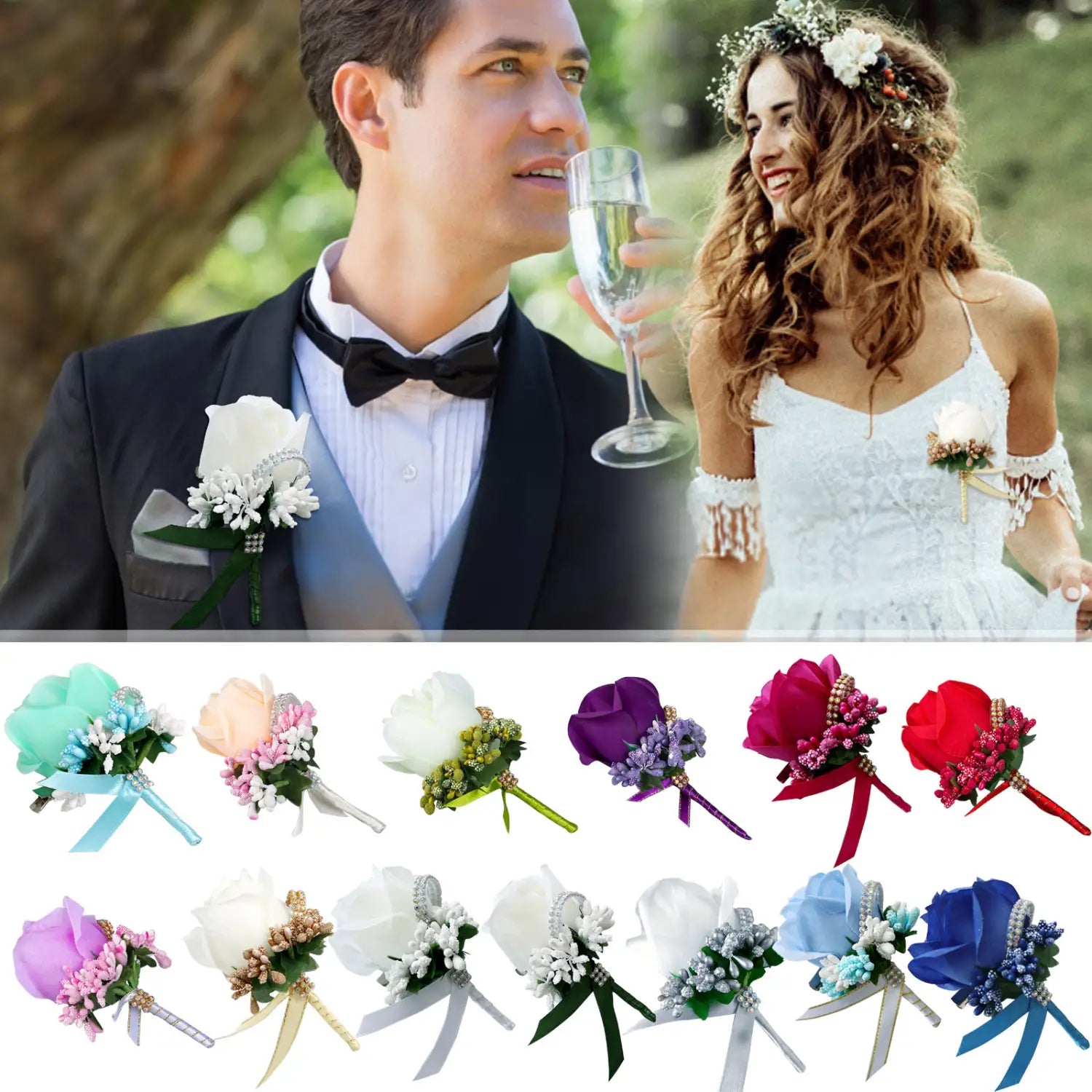 A collection of artificial silk floral boutonnieres featuring blue roses and assorted designs with decorative beads and ribbons for weddings.
