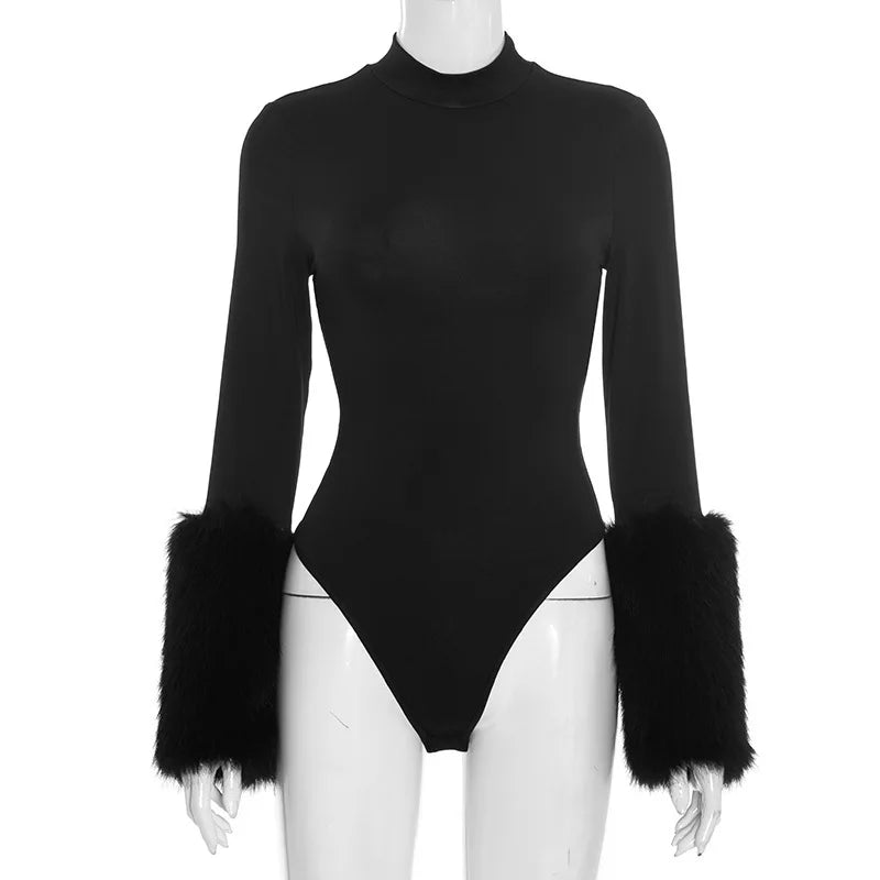 Winter Sexy Outfits for Woman 2 Piece Set Long Sleeve Fur Patchwork Bodysuit and Shorts Sets Female Matching Streetwear 2025 New