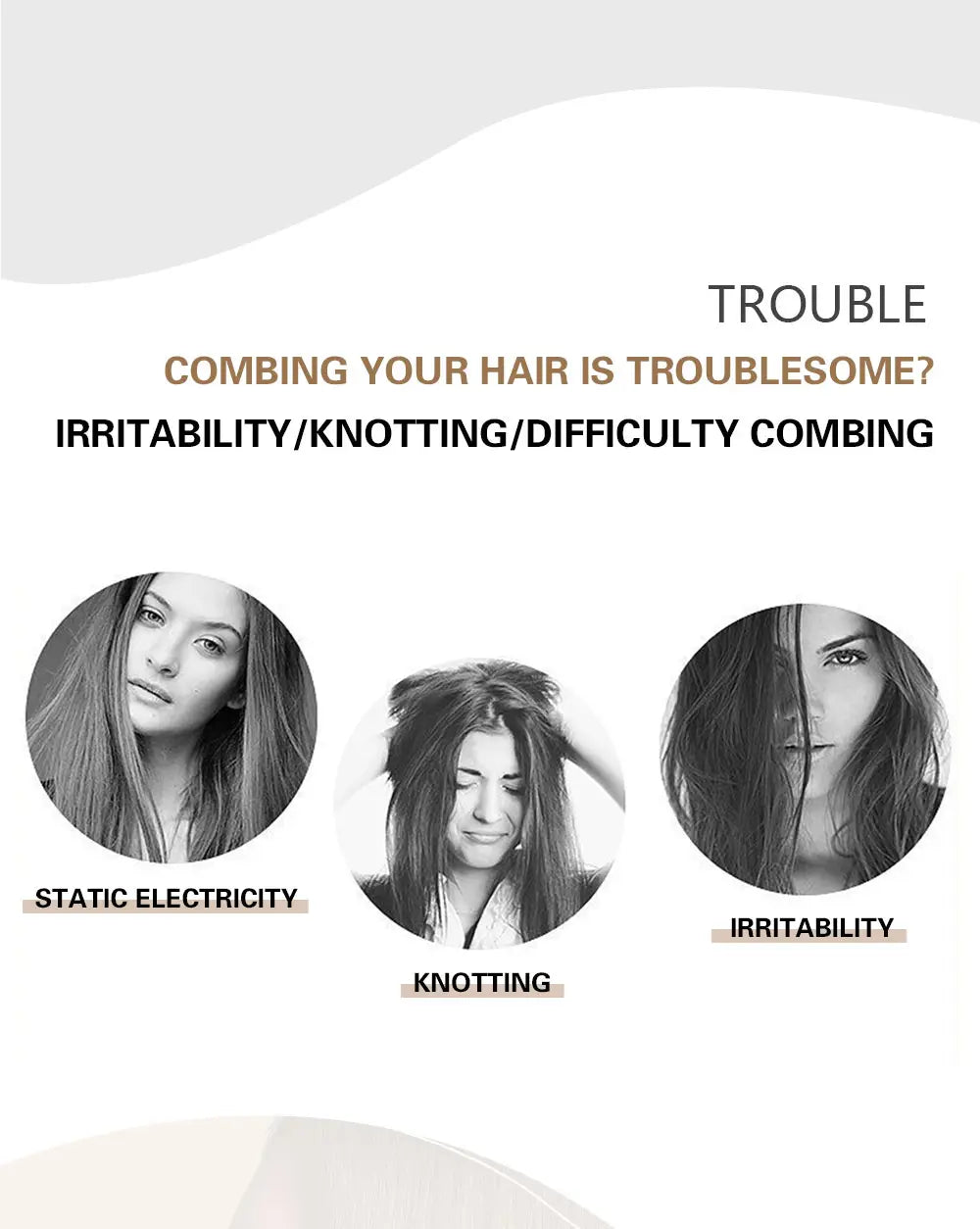 This is a black and white promotional graphic for an aluminum round hair styling brush featuring three circular images illustrating common hair combing problems such as static electricity and knotting.