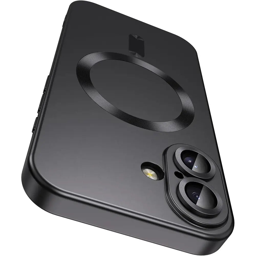 Étui de téléphone en silicone magnétique noir pour iPhone, présenté de dos, avec un coussinet de chargement circulaire et un module pour double caméra.
