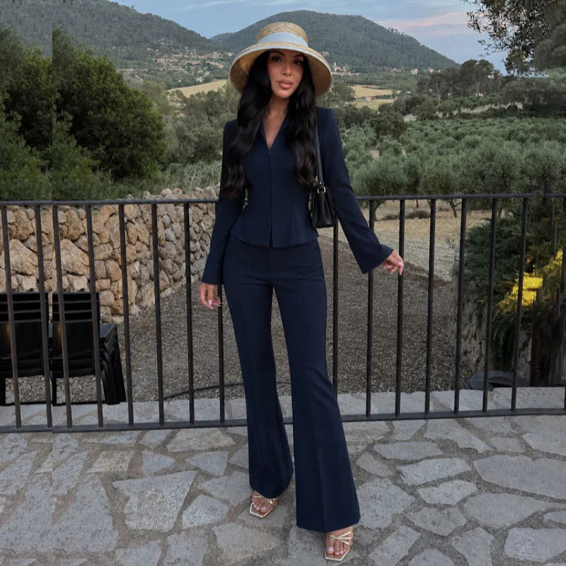 Women Two Piece Suit Set Long Sleeve Fitted Peplum Blazer High Waist Flared Trousers Commuter Business Casual Matching Outfits