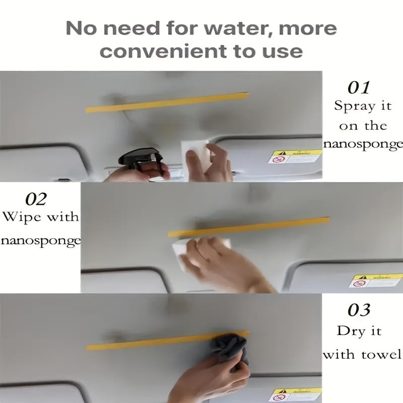 「自動車用内装ディテイリングスプレー」および「レザークリーナー」製品において、水を使わずに車内およびレザー表面の清掃に用いる白色のナノスポンジ。