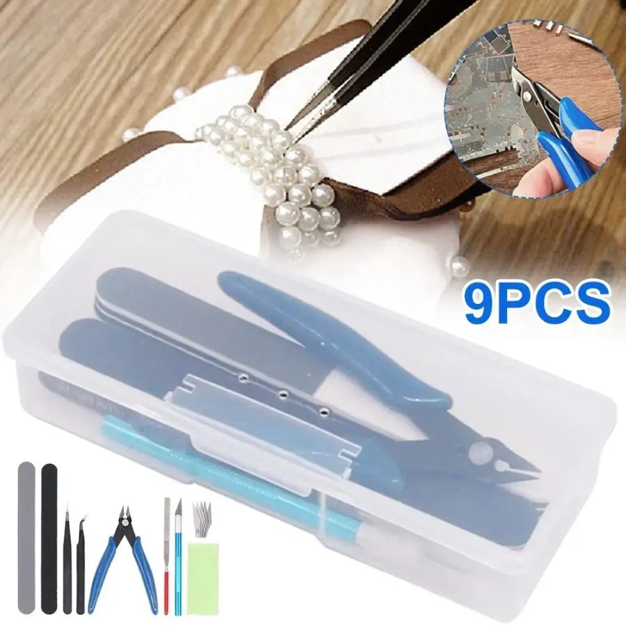 model tool set for hobby craft assembly containing blue-handled precision tools organized in a clear plastic case.