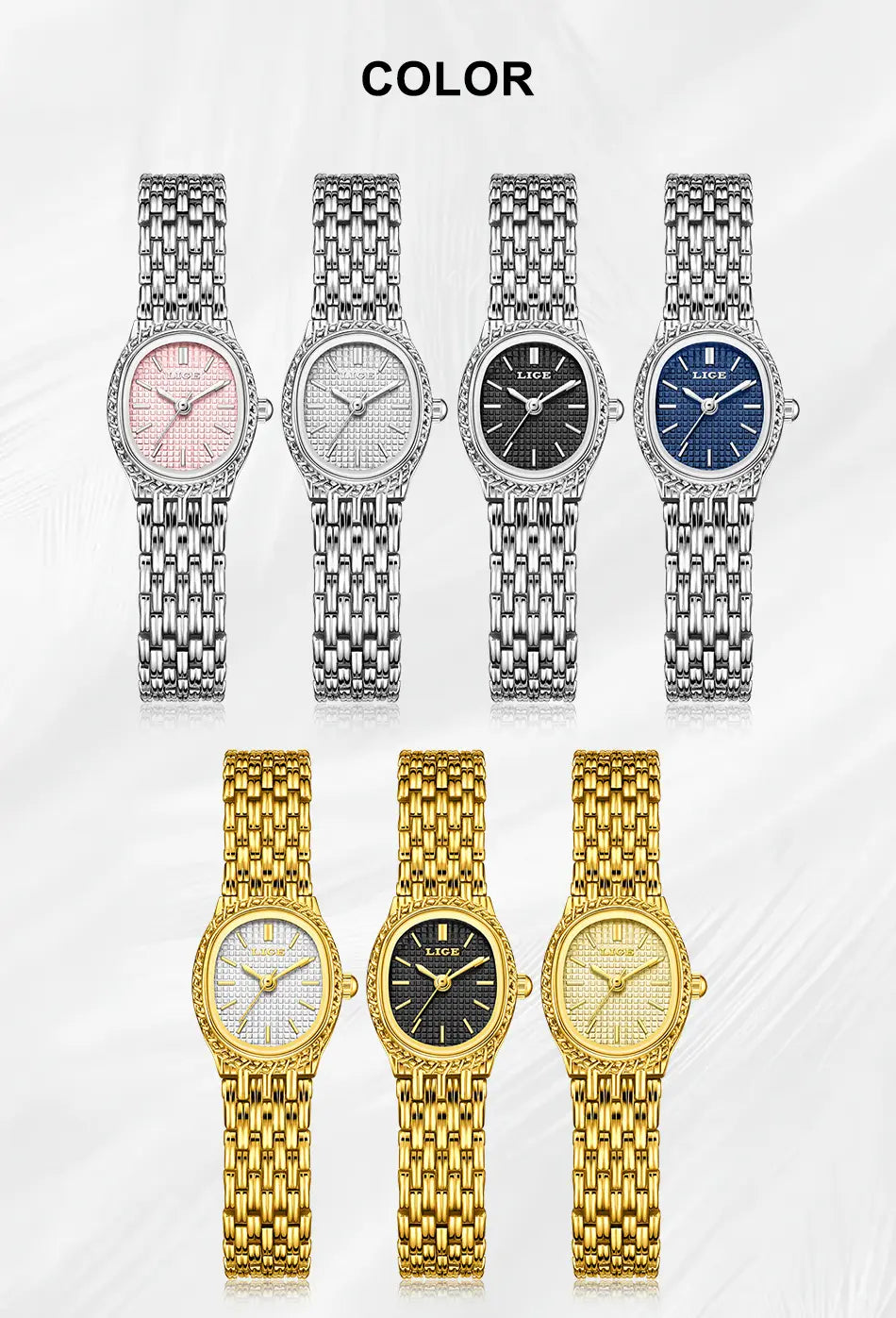 Lige women gold quartz watch featuring silver and gold-toned lecb designs with diamond-encrusted bezels and round faces in pink white black or blue dials.