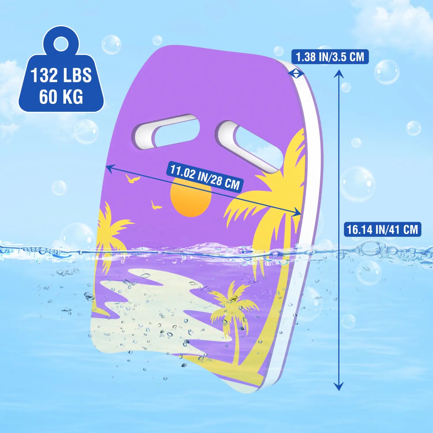 Erwachsenen-Schwimm-Kickboard aus EVA-Schaum für das Training mit einem lila-gelben tropischen Design mit Palmen und einer Sonne.