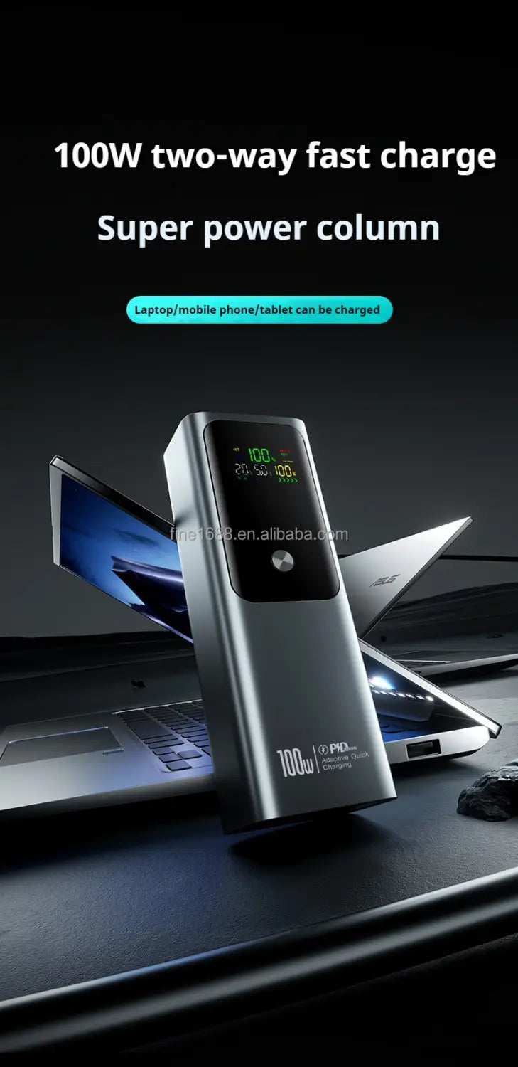 Silver metallic 100w 20000mah laptop power bank fast charger with two-way fast charge, digital display, and sleek rectangular design.