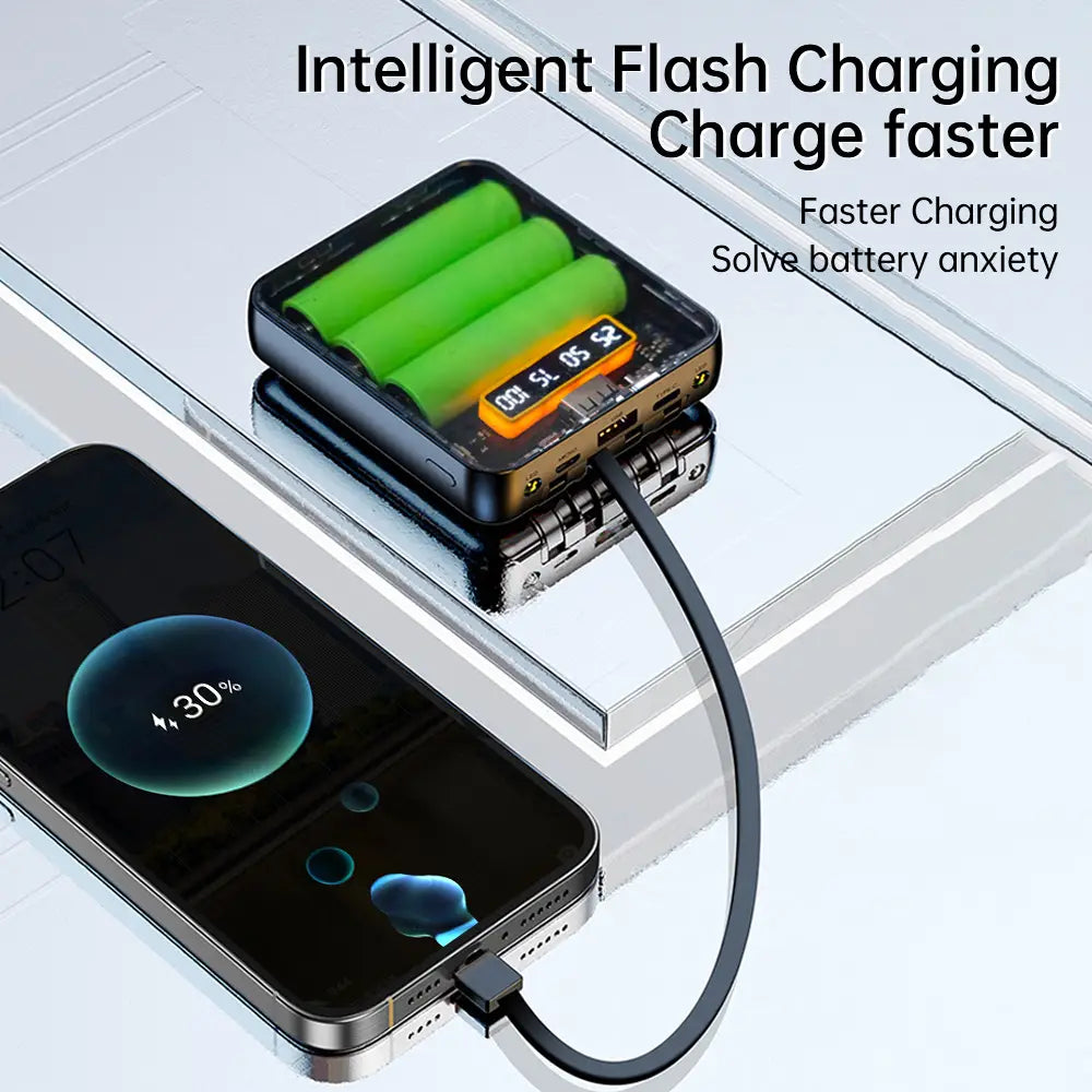 Schwarzes rechteckiges transparentes DIY-Powerbank-Gehäuse für 3 flache 18650-Akkus mit sichtbarer grün leuchtender interner Leiterplatte und orangefarbenem Digitaldisplay für Mobiltelefone.