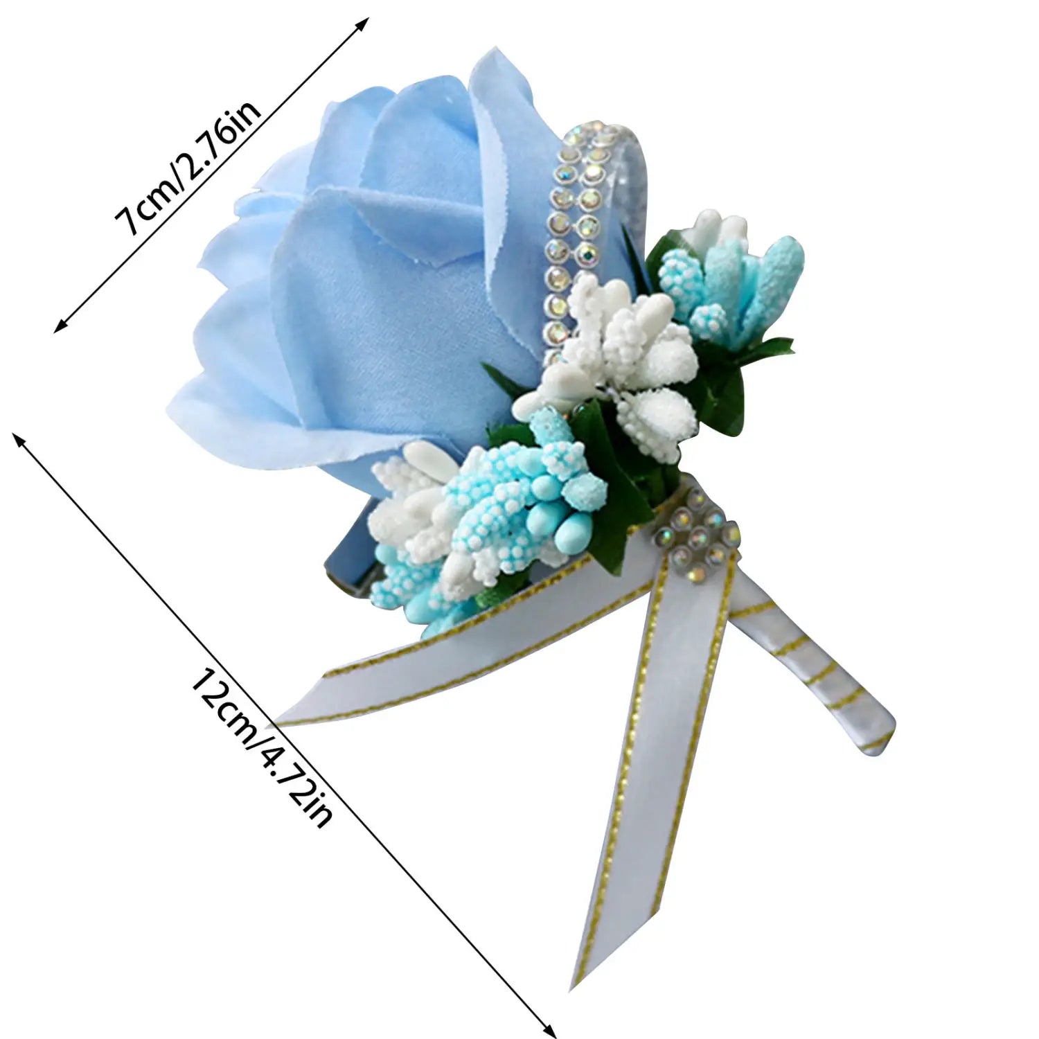 A delicate light blue and white artificial silk rose boutonniere with sparkling rhinestones green leaves and a satin ribbon bow designed for weddings.
