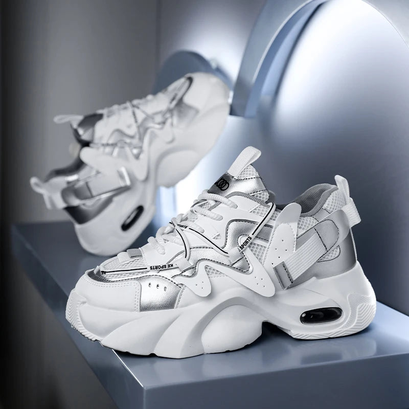 Men's Casual Sneakers with Large Mesh Breathable Upper, Metallic Texture and Contrasting Color Stitching, and Trendy Webbing Accents. Thick Air-Cushioned Soles Provide Both Height Increase and Shock Absorption, Making Them Su