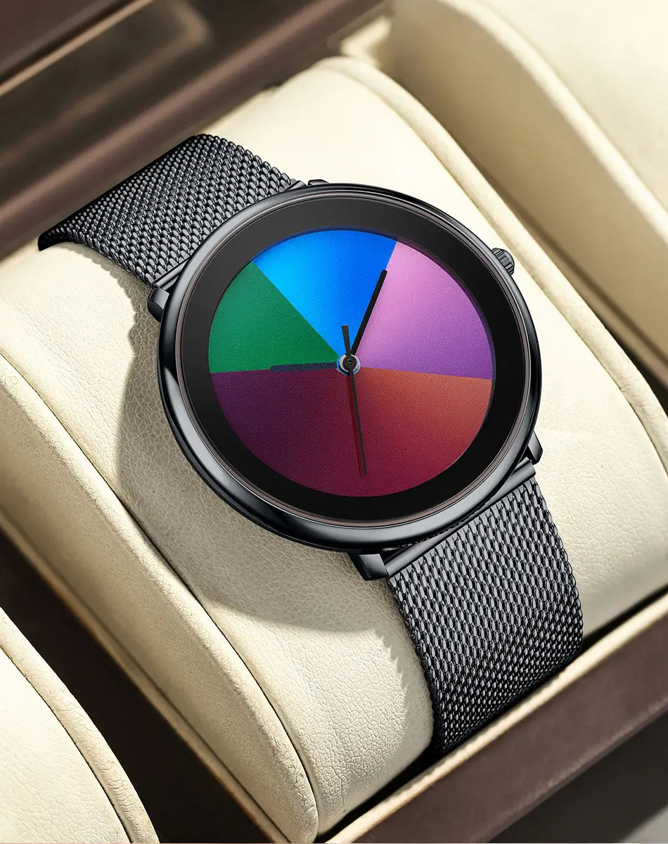 Lige Women Rainbow Dial Quartz Watch with black mesh strap featuring a colorful segmented dial in blue green purple and red.
